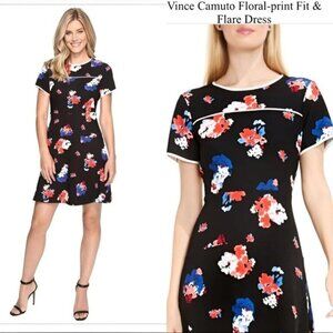 Vince Camuto Black Floral Print Fully Lined Fit & Flare Dress (sz 8)